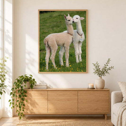 Niedliche Baby-Lamas als gerahmtes Diamond Painting im Wohnzimmer