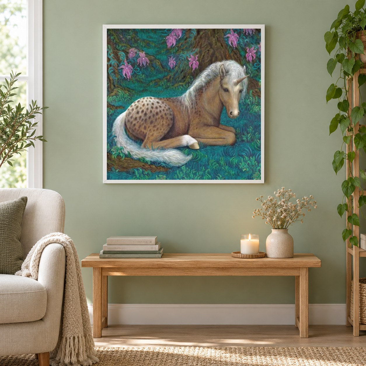 Niedliche Einhorn Baby als gerahmtes Diamond Painting im Wohnzimmer