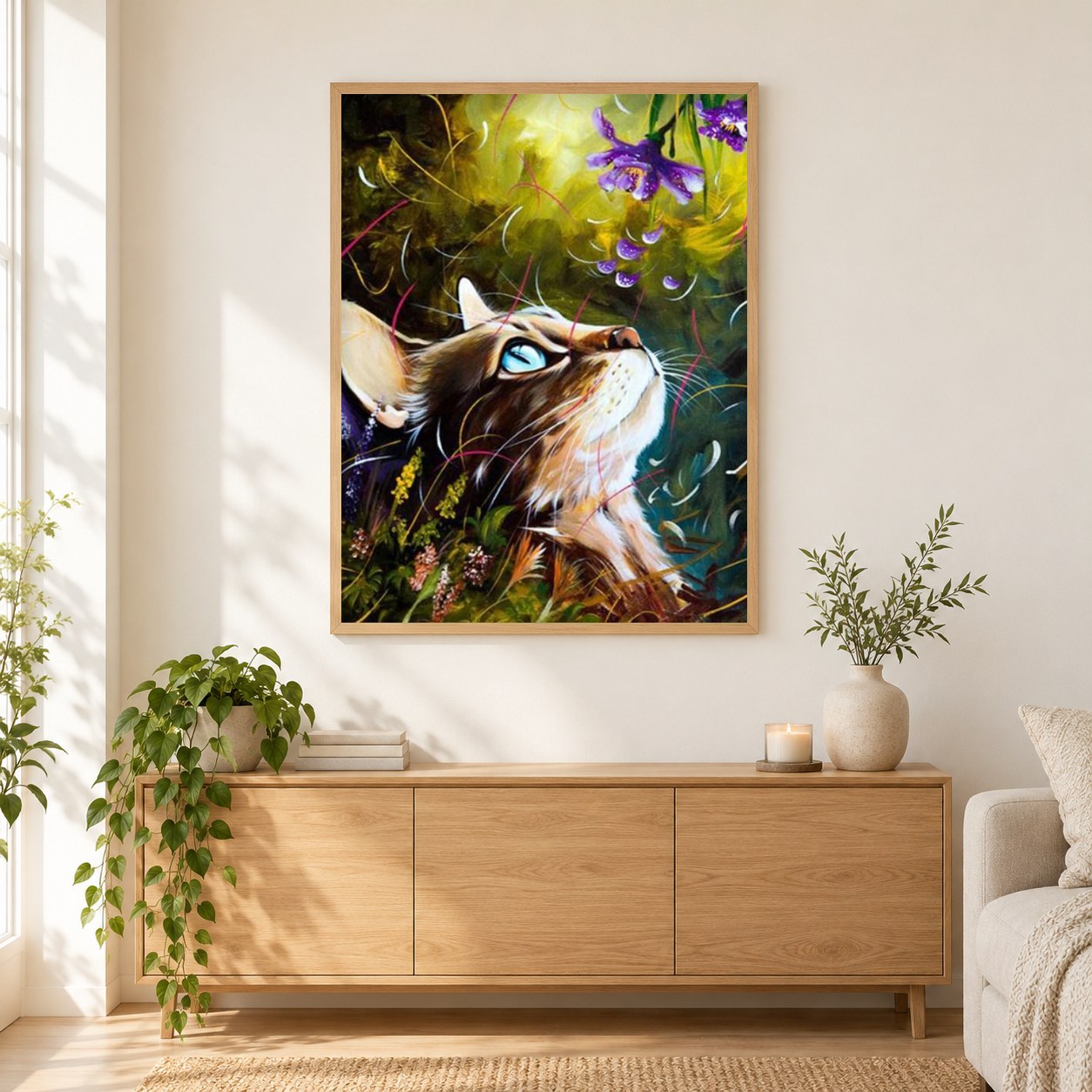 Niedliche Katze & Blütenblätter als gerahmtes Diamond Painting im Wohnzimmer
