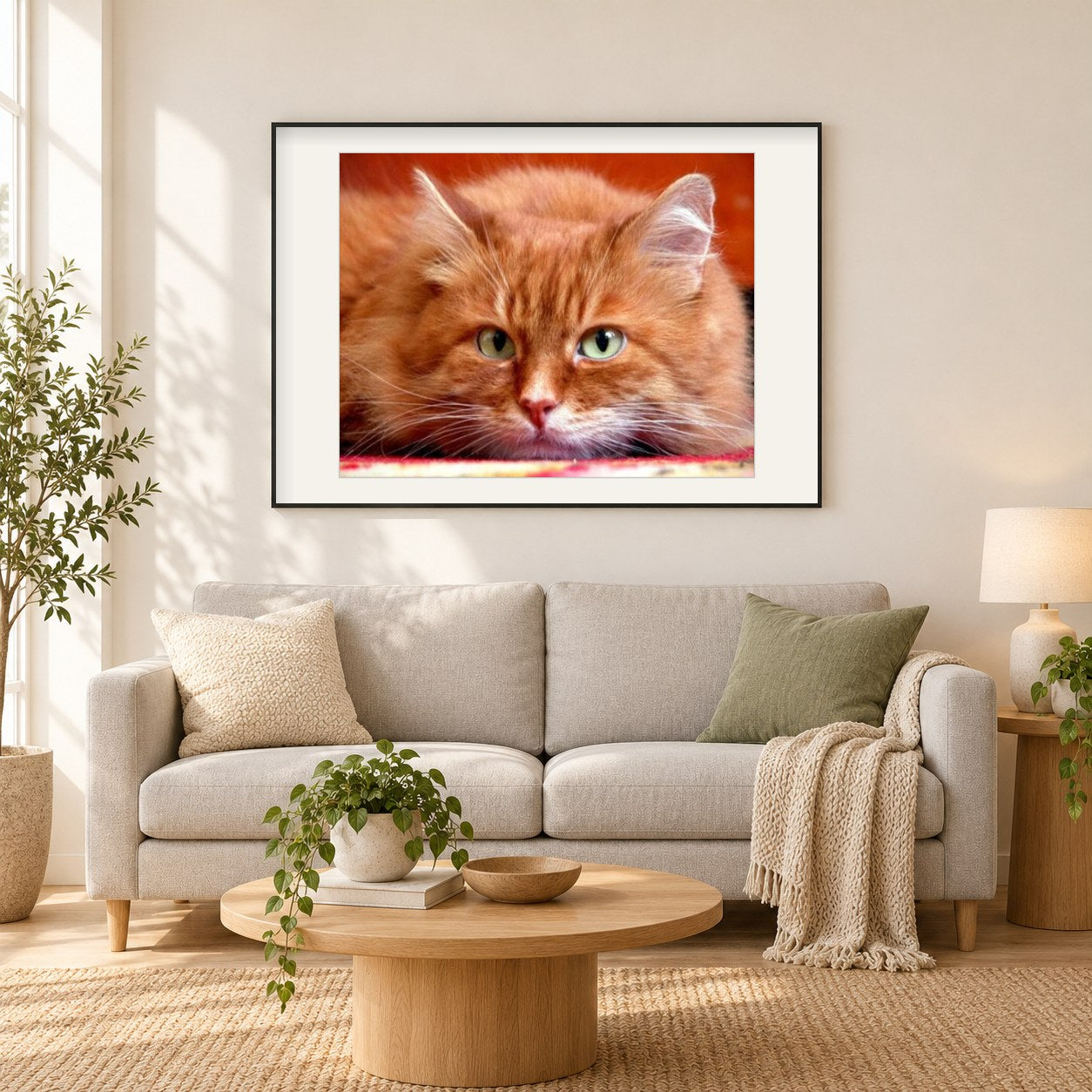 Niedliche orange Katze als gerahmtes Diamond Painting im Wohnzimmer