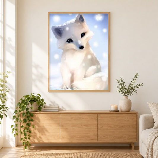 Niedliche weiße Fuchs als gerahmtes Diamond Painting im Wohnzimmer