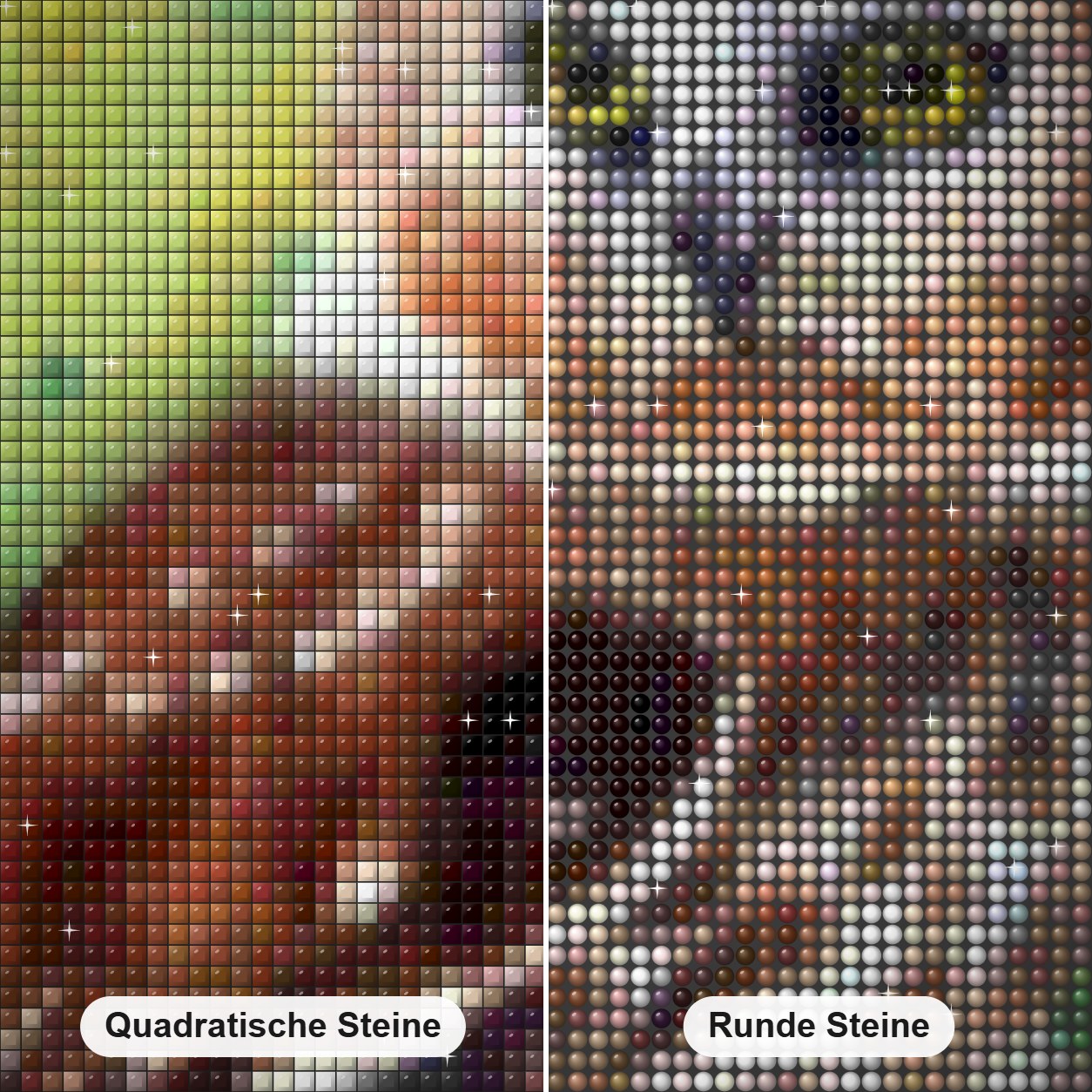 Nördliche Eule mit Säge Diamond Painting Nahaufnahme mit quadratischen und runden Steinen