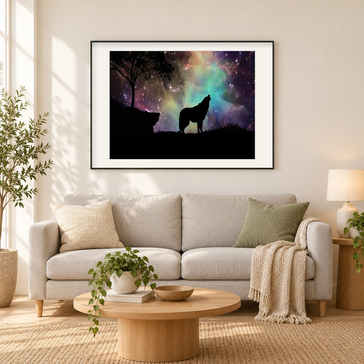 Nordlichter & Heulender Wolf als gerahmtes Diamond Painting im Wohnzimmer