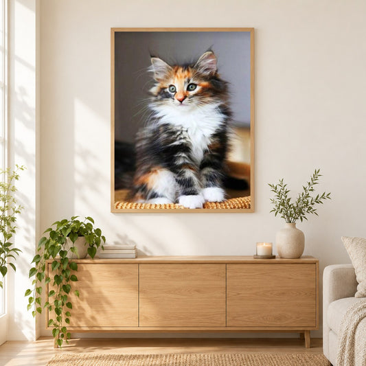 Norwegische Waldkatze als gerahmtes Diamond Painting im Wohnzimmer