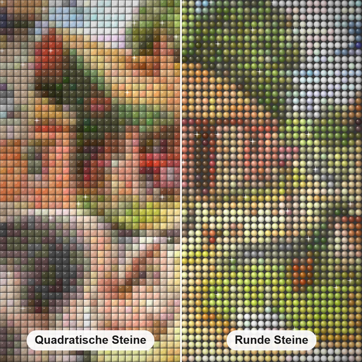 Nutztiere Diamond Painting Nahaufnahme mit quadratischen und runden Steinen