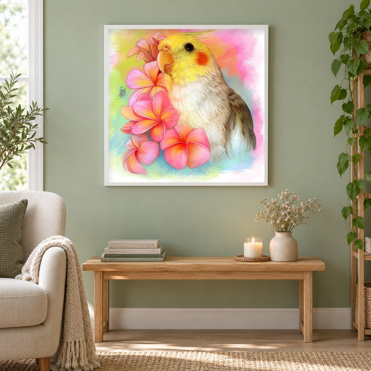 Nymphensittich Papagei & Blumen als gerahmtes Diamond Painting im Wohnzimmer