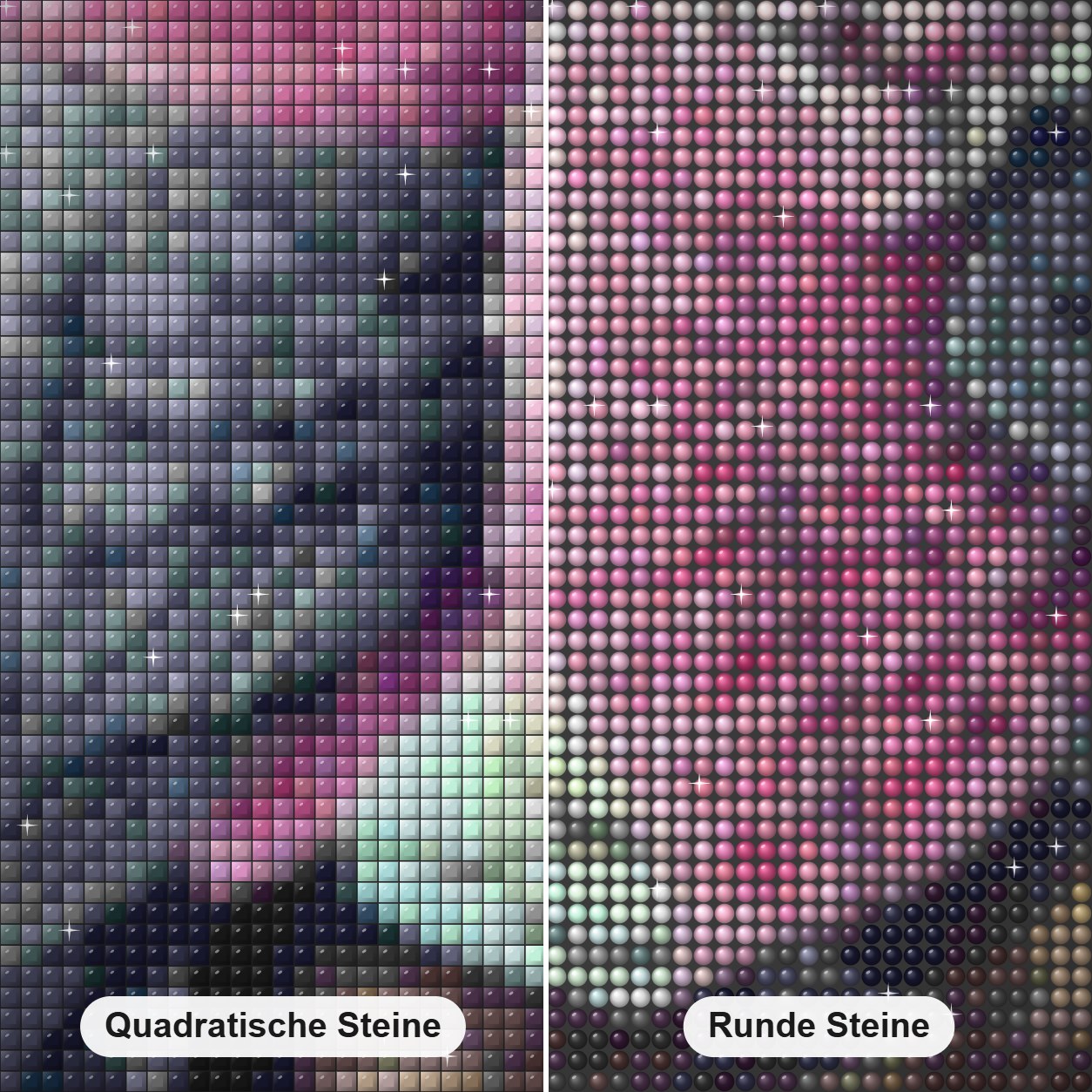 Nymphensittichpaar Diamond Painting Nahaufnahme mit quadratischen und runden Steinen