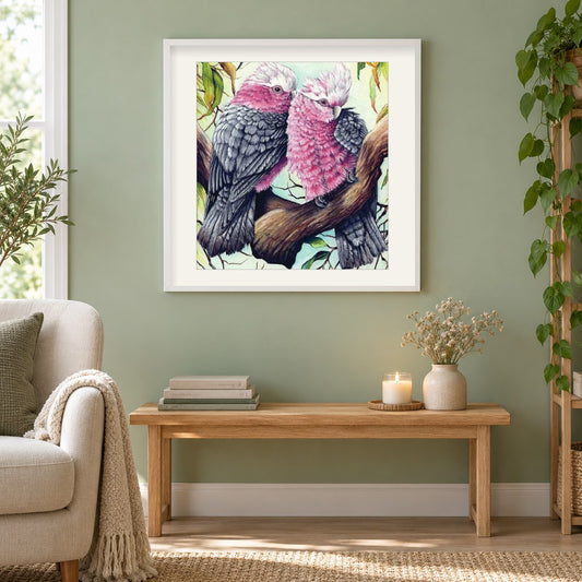 Nymphensittichpaar als gerahmtes Diamond Painting im Wohnzimmer