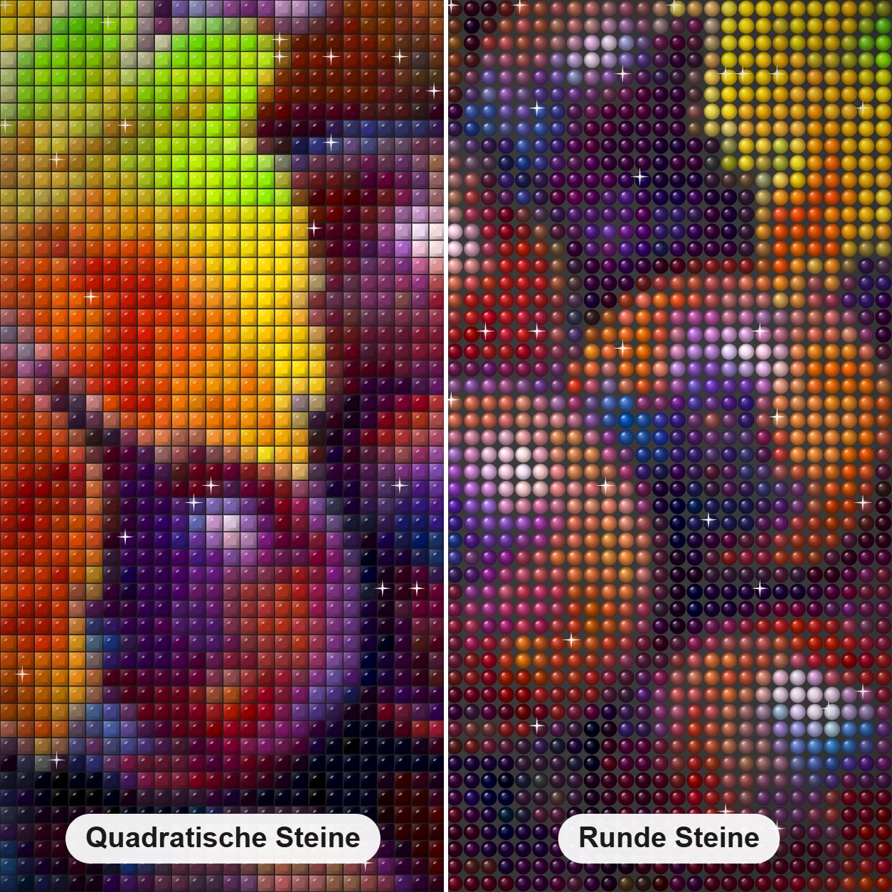 Ode an die Freude - Kunst des Simon Bull Diamond Painting Nahaufnahme mit quadratischen und runden Steinen