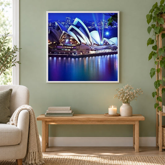 Opernhaus in Sydney als gerahmtes Diamond Painting im Wohnzimmer