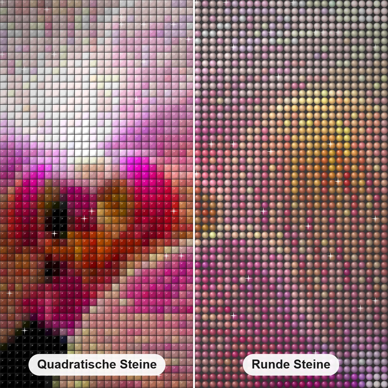 Orchideen Diamond Painting Nahaufnahme mit quadratischen und runden Steinen
