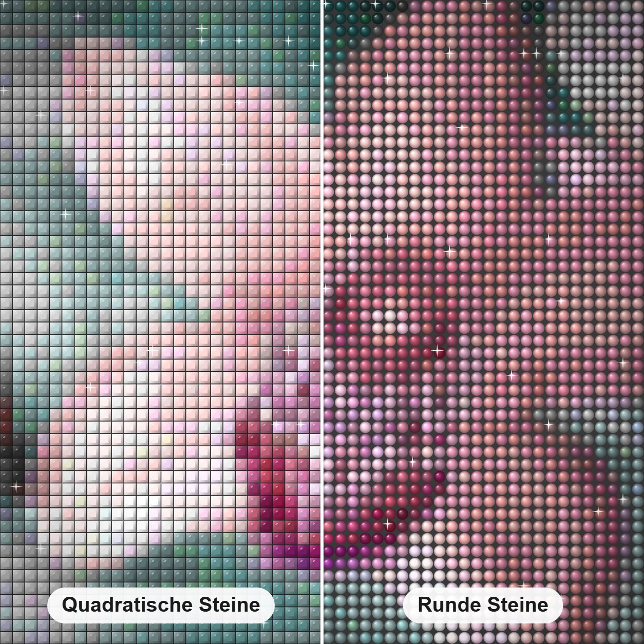 Orchideen und Schmetterlinge Diamond Painting Nahaufnahme mit quadratischen und runden Steinen