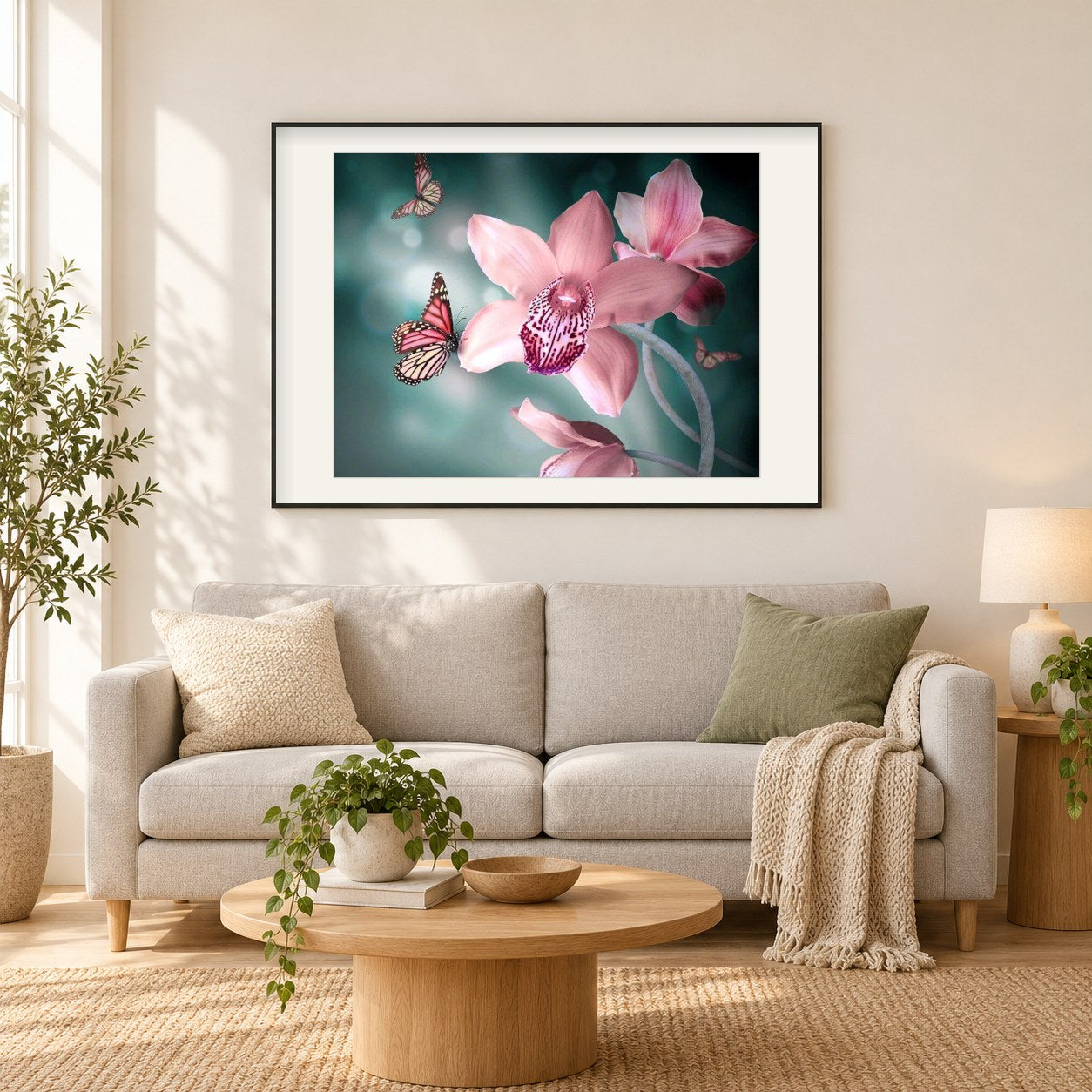 Orchideen und Schmetterlinge als gerahmtes Diamond Painting im Wohnzimmer