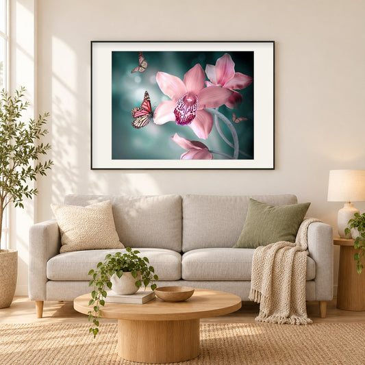 Orchideen und Schmetterlinge als gerahmtes Diamond Painting im Wohnzimmer