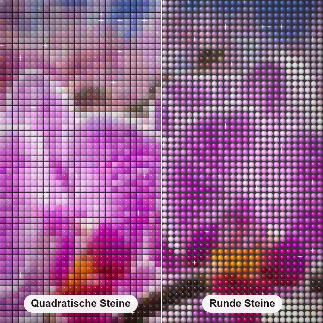 Orchideen und Schmetterlinge Diamond Painting Nahaufnahme mit quadratischen und runden Steinen