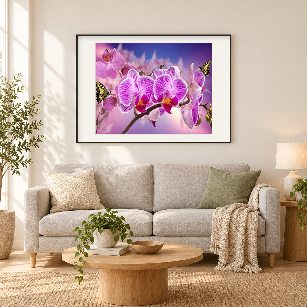 Orchideen und Schmetterlinge als gerahmtes Diamond Painting im Wohnzimmer