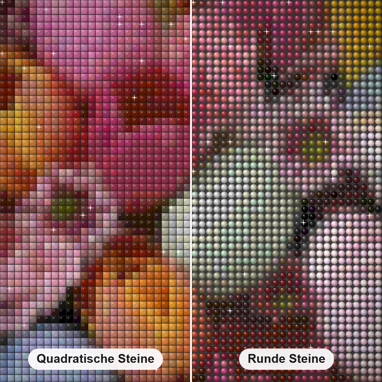Ostereier & Blumen Diamond Painting Nahaufnahme mit quadratischen und runden Steinen