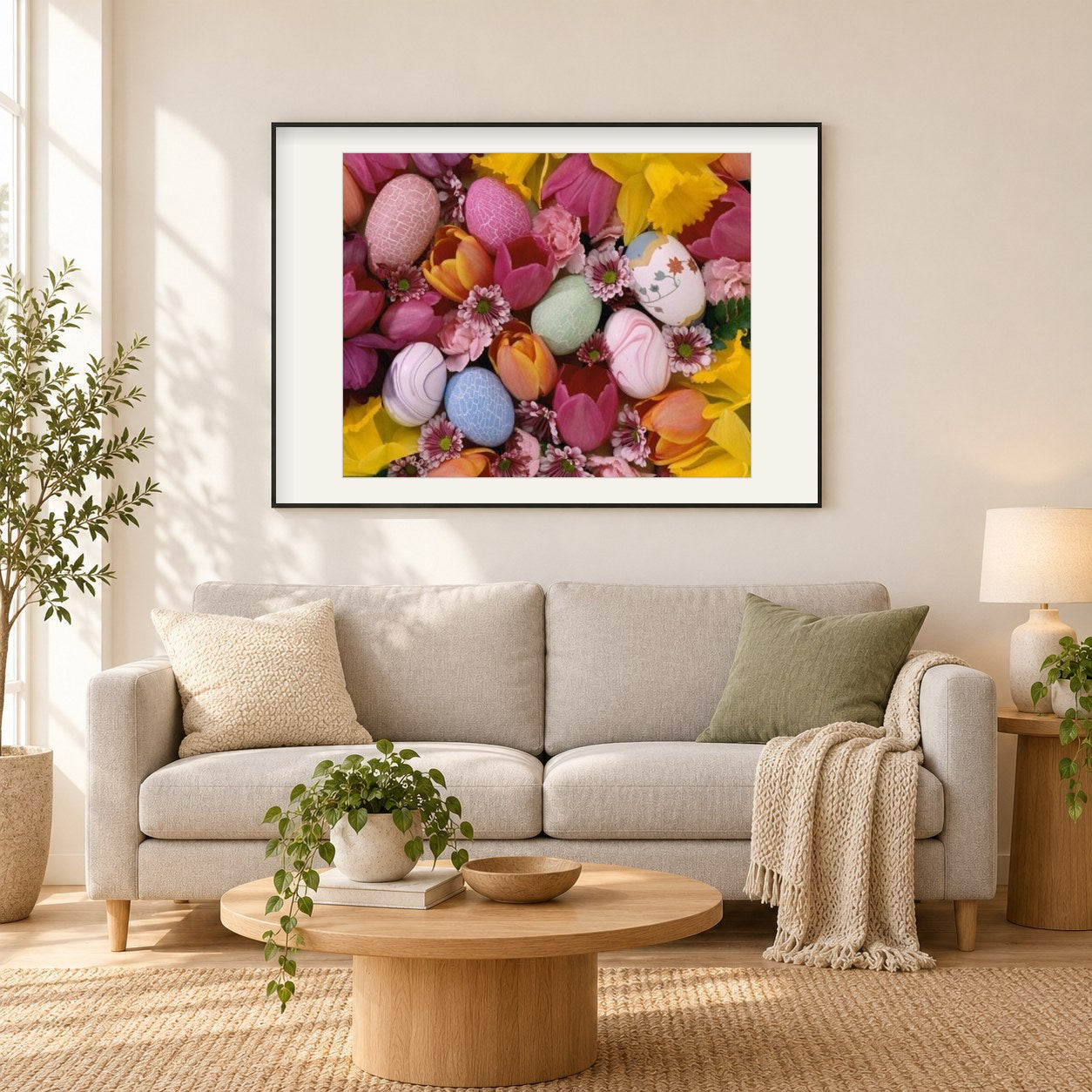 Ostereier & Blumen als gerahmtes Diamond Painting im Wohnzimmer