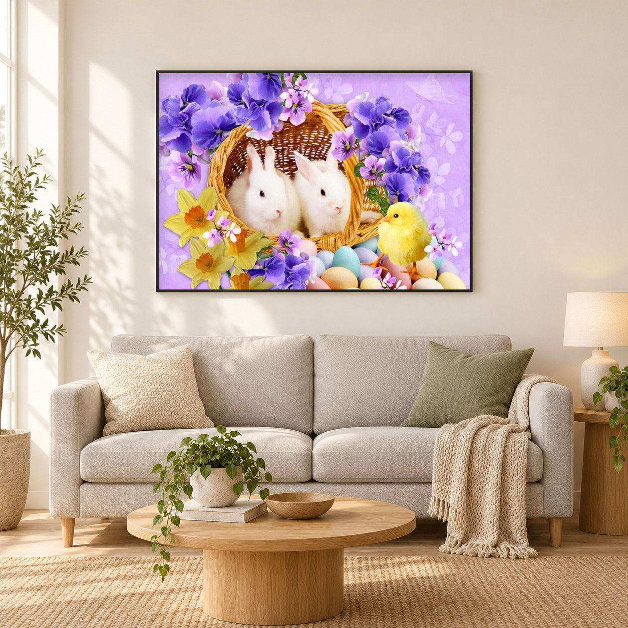 Osterkaninchen & kleines Küken als gerahmtes Diamond Painting im Wohnzimmer