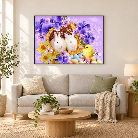 Osterkaninchen & kleines Küken als gerahmtes Diamond Painting im Wohnzimmer