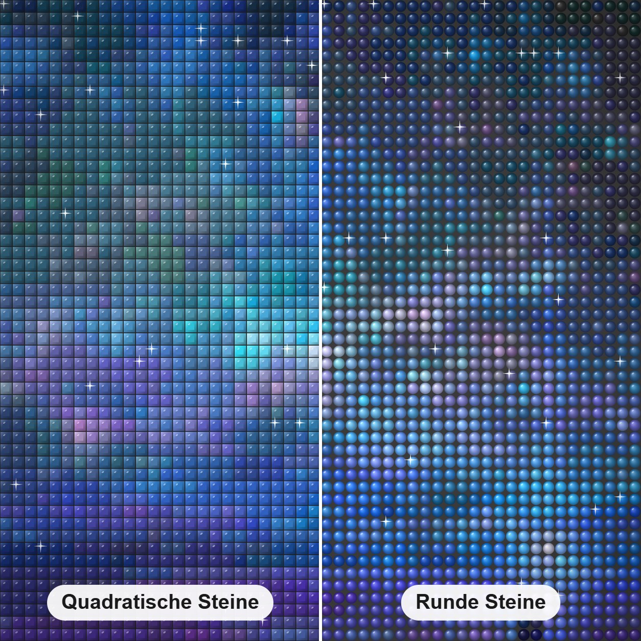 Ozeansterne Diamond Painting Nahaufnahme mit quadratischen und runden Steinen