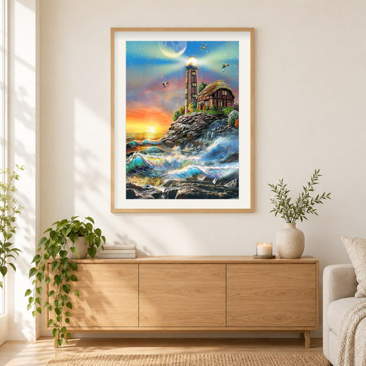 Ozeanwellen & Leuchtturm als gerahmtes Diamond Painting im Wohnzimmer