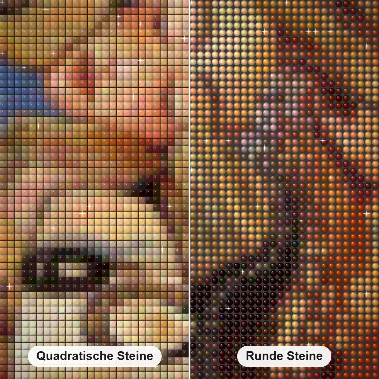 Paar abstraktes Porträt Diamond Painting Nahaufnahme mit quadratischen und runden Steinen