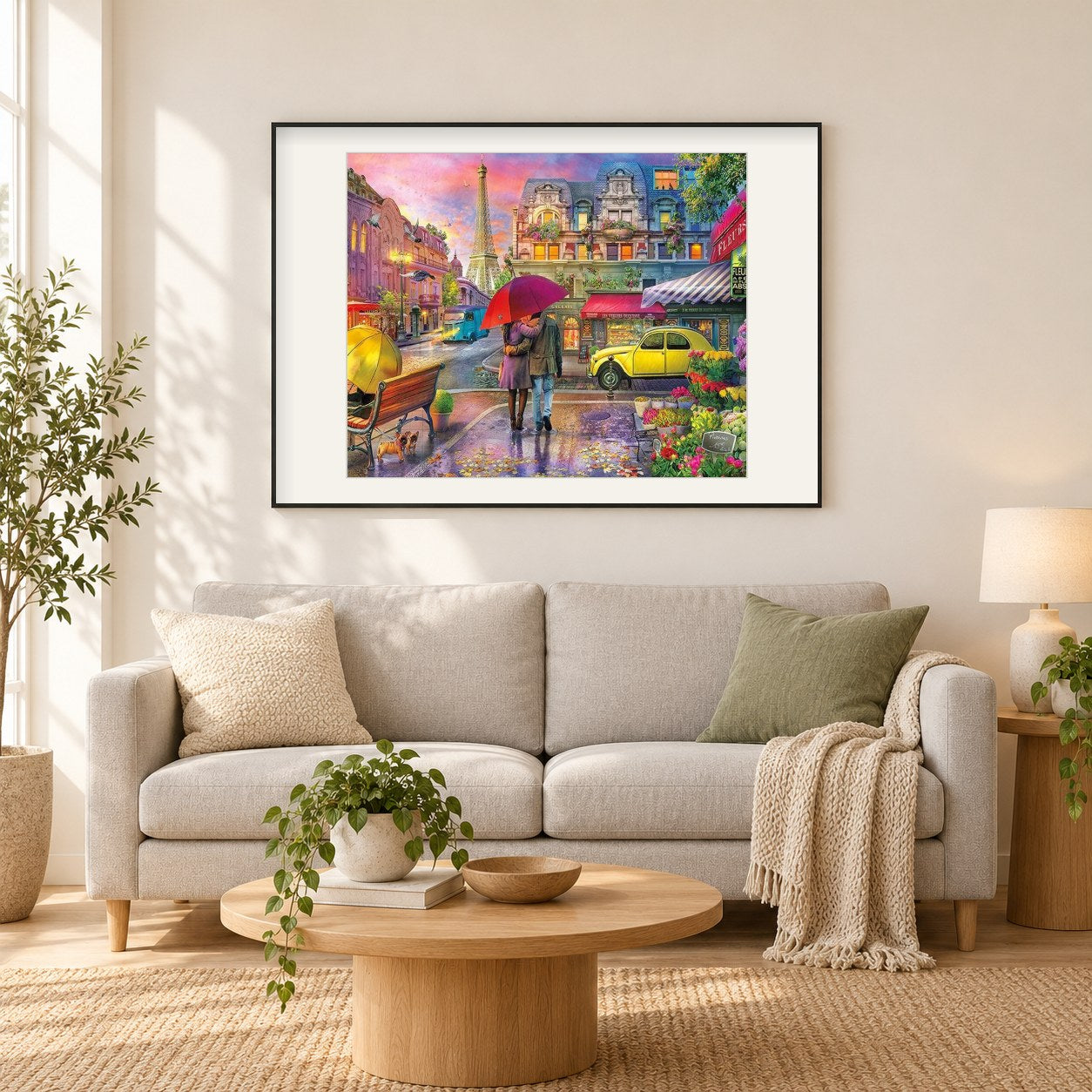 Paar auf Pariser Straßen als gerahmtes Diamond Painting im Wohnzimmer