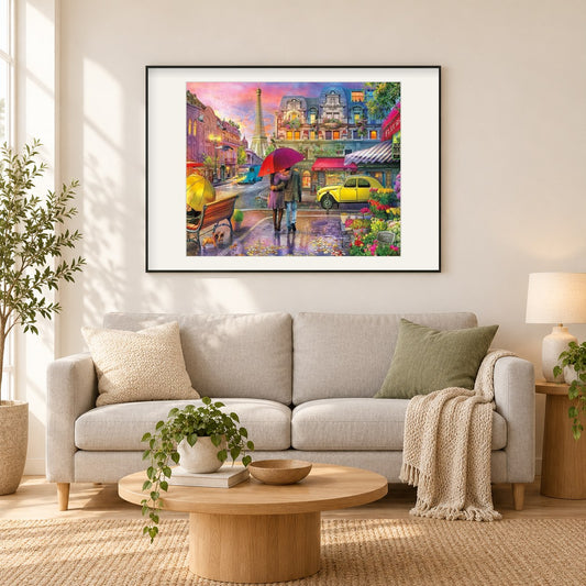 Paar auf Pariser Straßen als gerahmtes Diamond Painting im Wohnzimmer