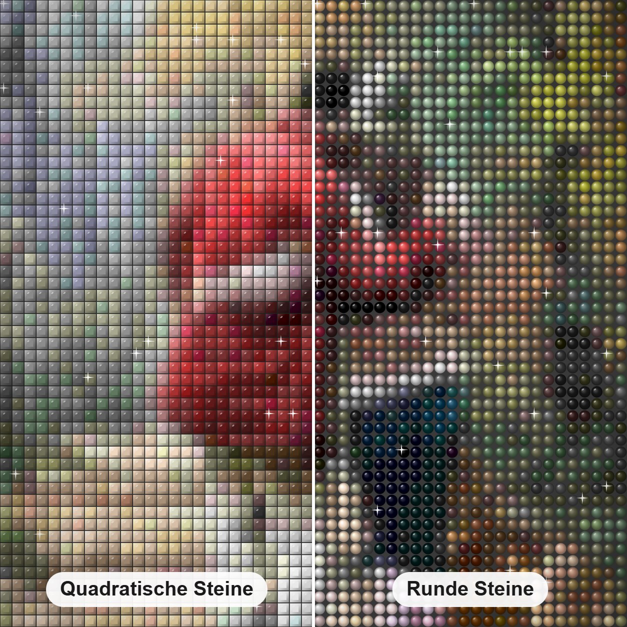 Paar, das mit ihrem Hund spaziert Diamond Painting Nahaufnahme mit quadratischen und runden Steinen