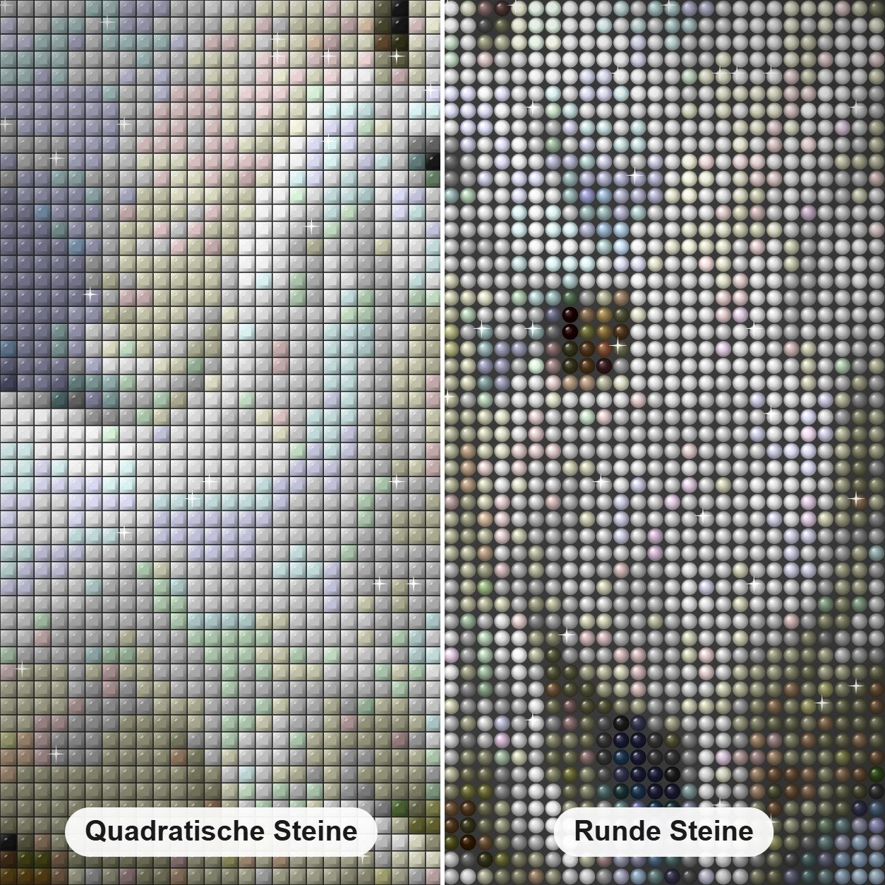 Paar weiße Pferde Diamond Painting Nahaufnahme mit quadratischen und runden Steinen