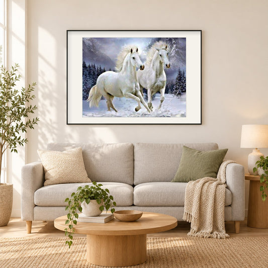 Paar weiße Pferde als gerahmtes Diamond Painting im Wohnzimmer