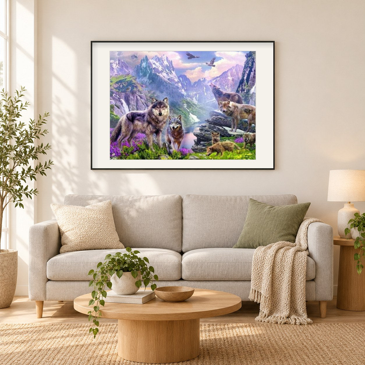 Packung Wölfe als gerahmtes Diamond Painting im Wohnzimmer