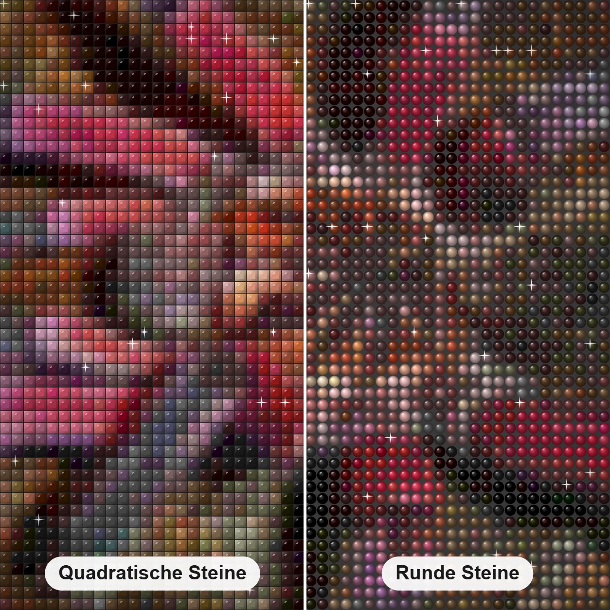 Paillettenspinne Diamond Painting Nahaufnahme mit quadratischen und runden Steinen