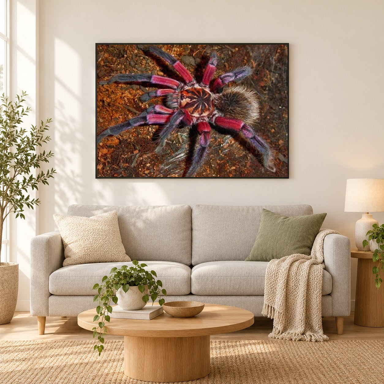 Paillettenspinne als gerahmtes Diamond Painting im Wohnzimmer
