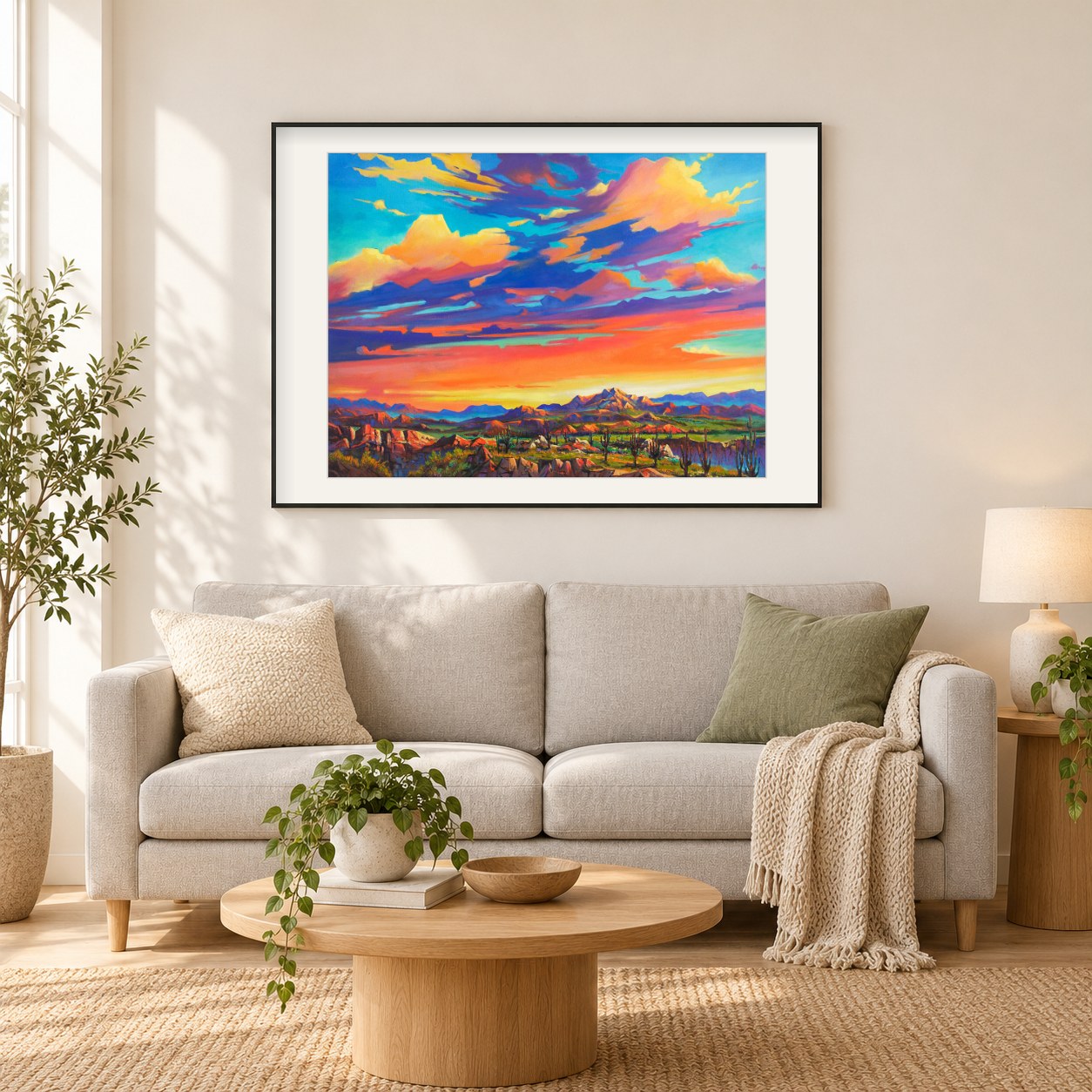 gemalte Wüste - Kunst des Jonn Einerssen als gerahmtes Diamond Painting im Wohnzimmer