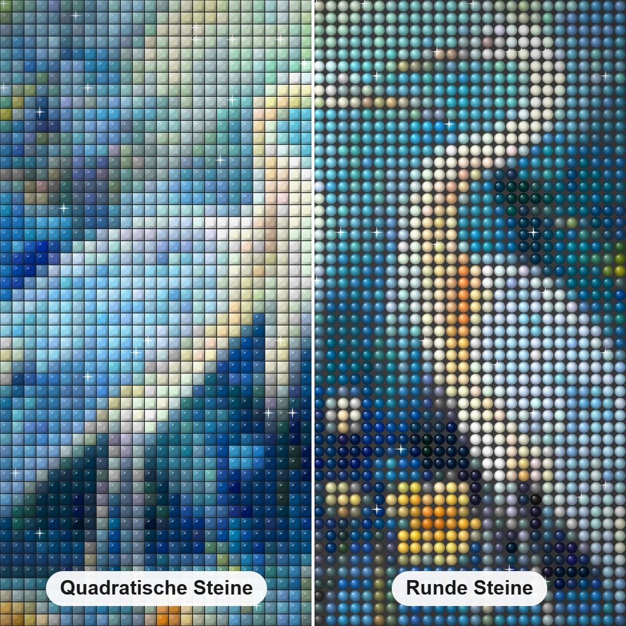 Kranichpaar Diamond Painting Nahaufnahme mit quadratischen und runden Steinen