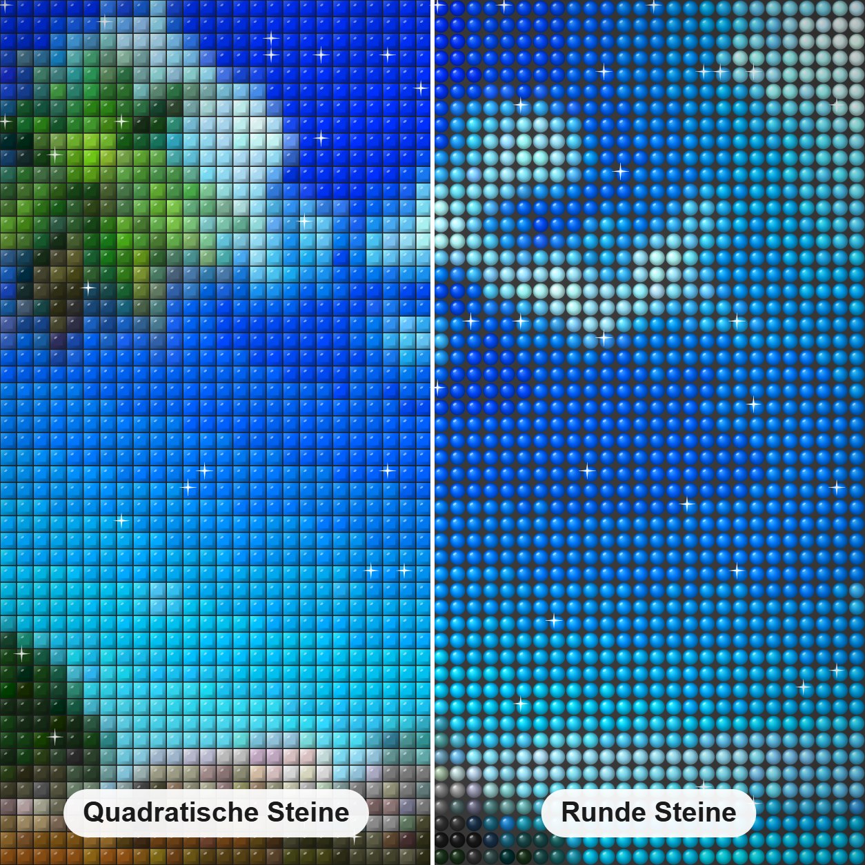 Palmen & Blauer Ozean Diamond Painting Nahaufnahme mit quadratischen und runden Steinen