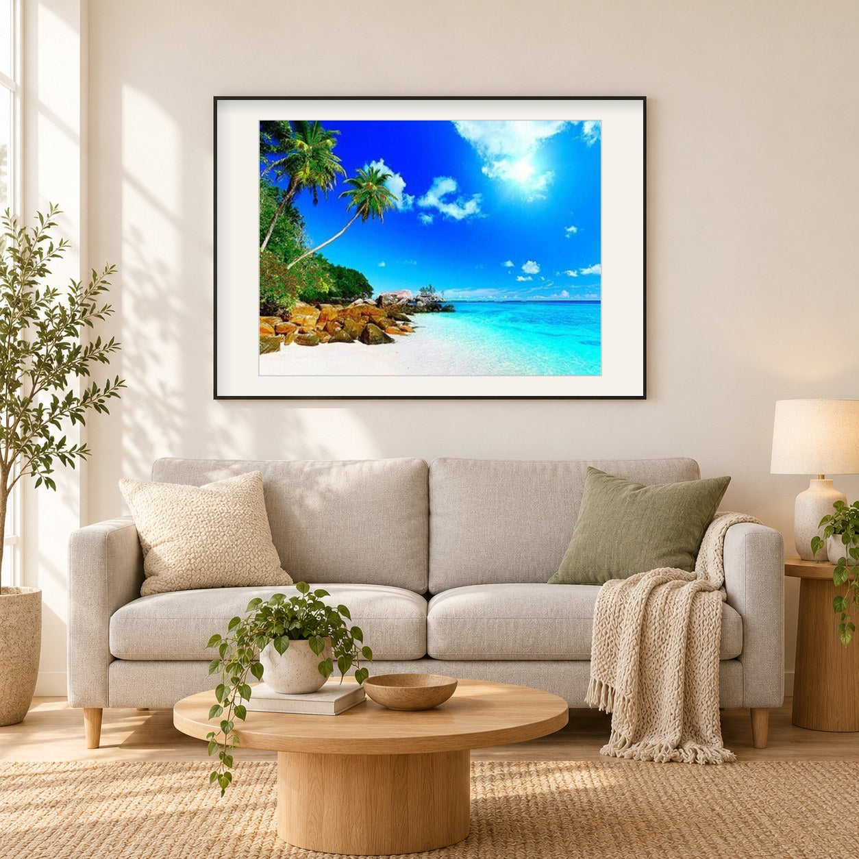 Palmen & Blauer Ozean als gerahmtes Diamond Painting im Wohnzimmer