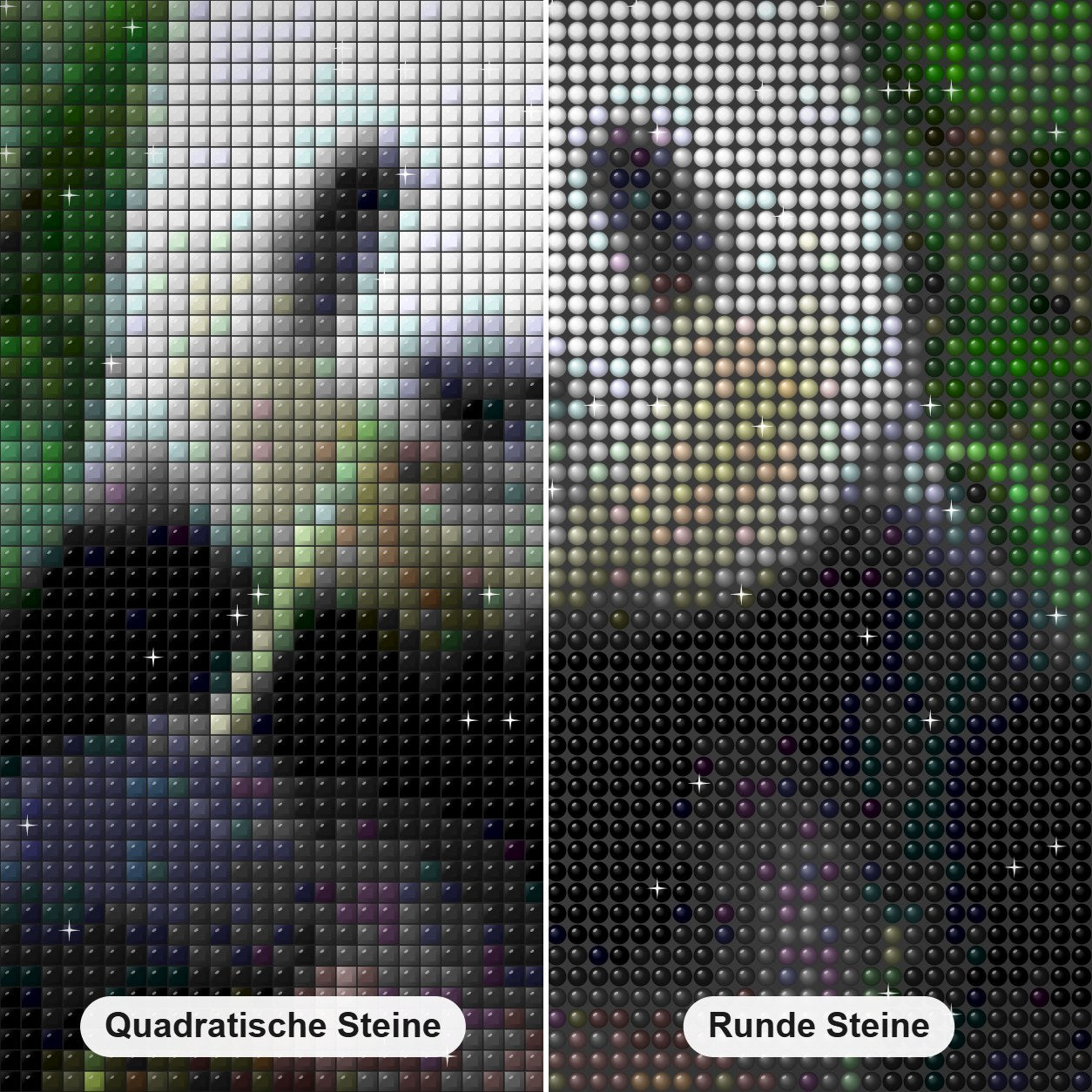 Panda Essen Gras Diamond Painting Nahaufnahme mit quadratischen und runden Steinen