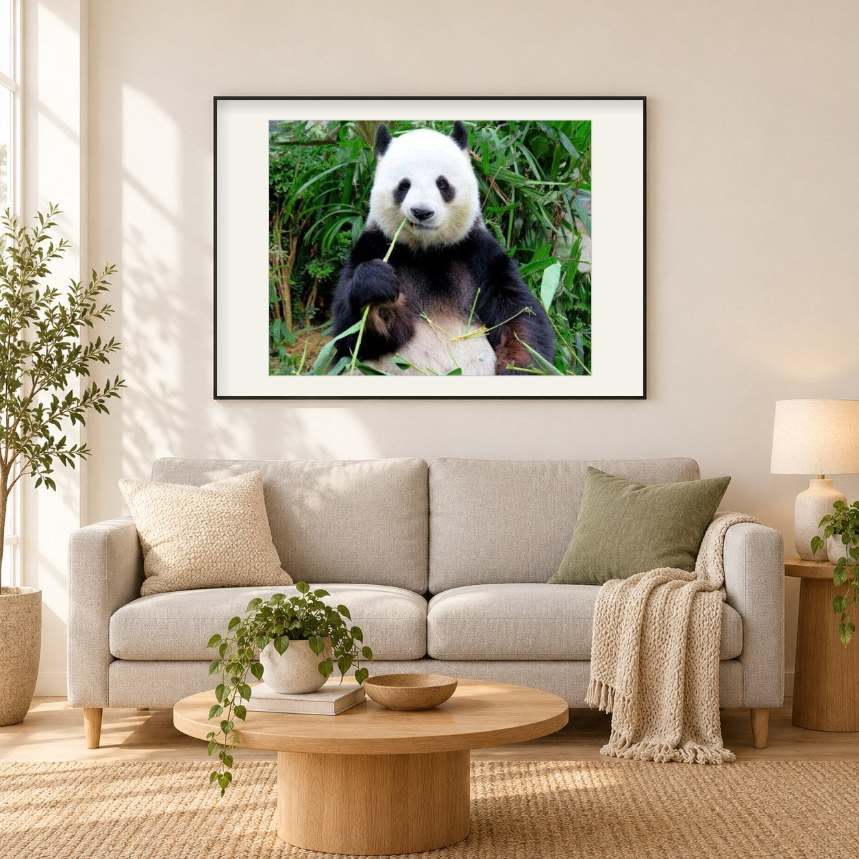 Panda Essen Gras als gerahmtes Diamond Painting im Wohnzimmer