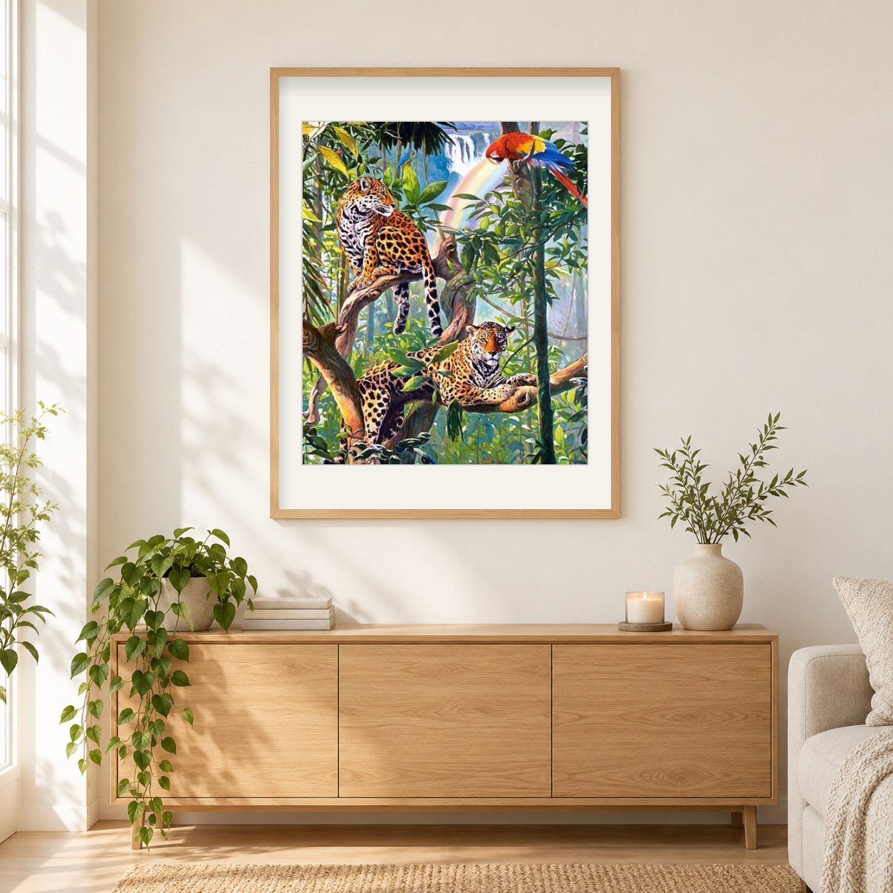 Papagei & Leoparden auf Bäumen als gerahmtes Diamond Painting im Wohnzimmer