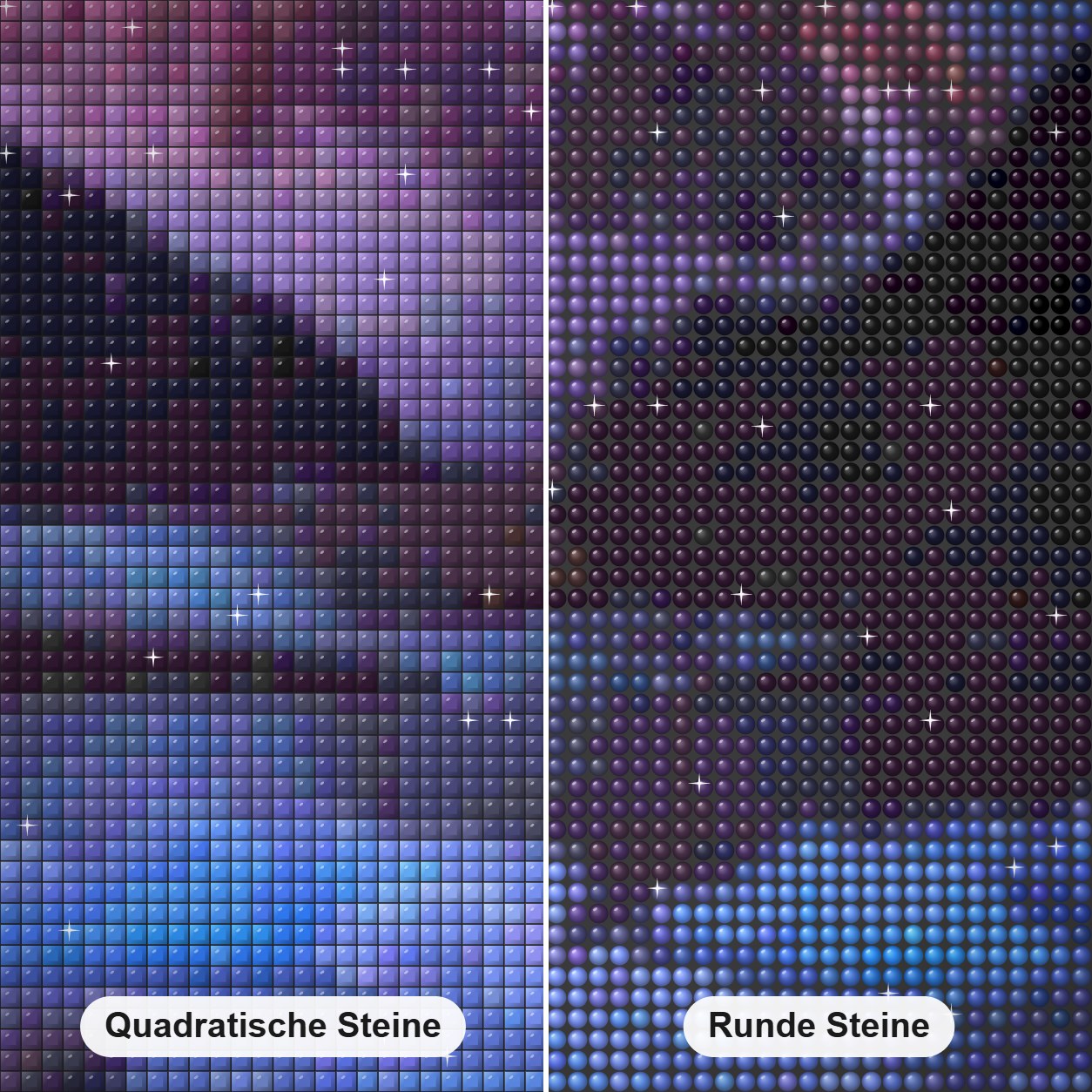 Paradiesplätze Diamond Painting Nahaufnahme mit quadratischen und runden Steinen