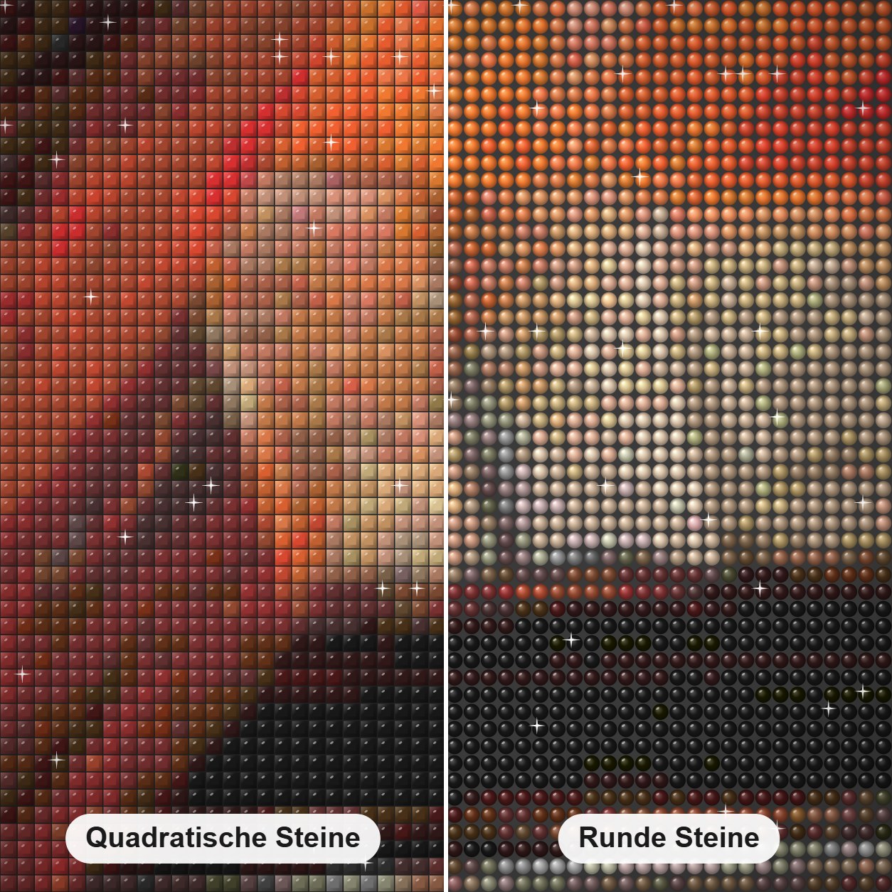 Hingabe - Kunst des Simon Bull Diamond Painting Nahaufnahme mit quadratischen und runden Steinen
