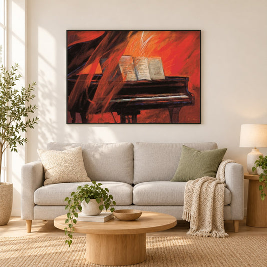 Hingabe - Kunst des Simon Bull als gerahmtes Diamond Painting im Wohnzimmer