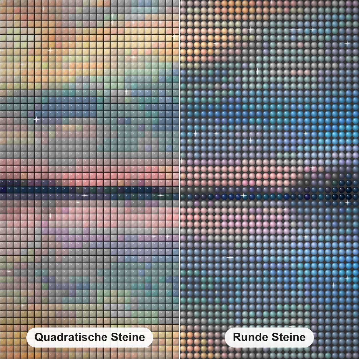 Pastellwolken bei Sonnenuntergang - Kunst des Denise Dundon Diamond Painting Nahaufnahme mit quadratischen und runden Steinen