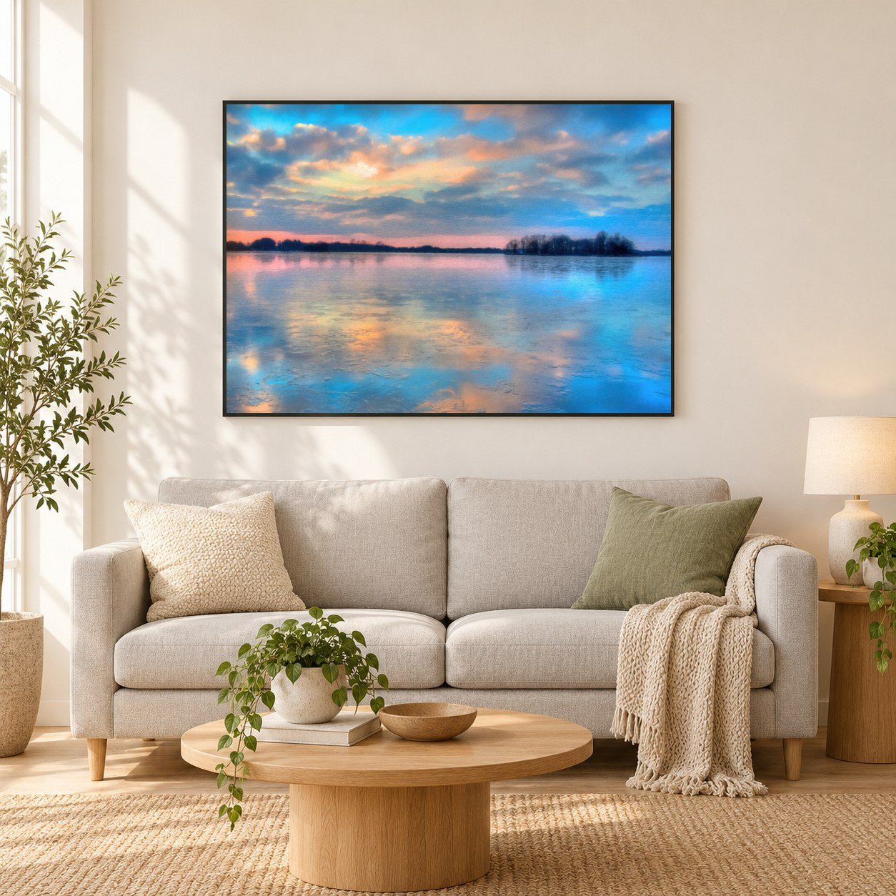 Pastellwolken bei Sonnenuntergang - Kunst des Denise Dundon als gerahmtes Diamond Painting im Wohnzimmer