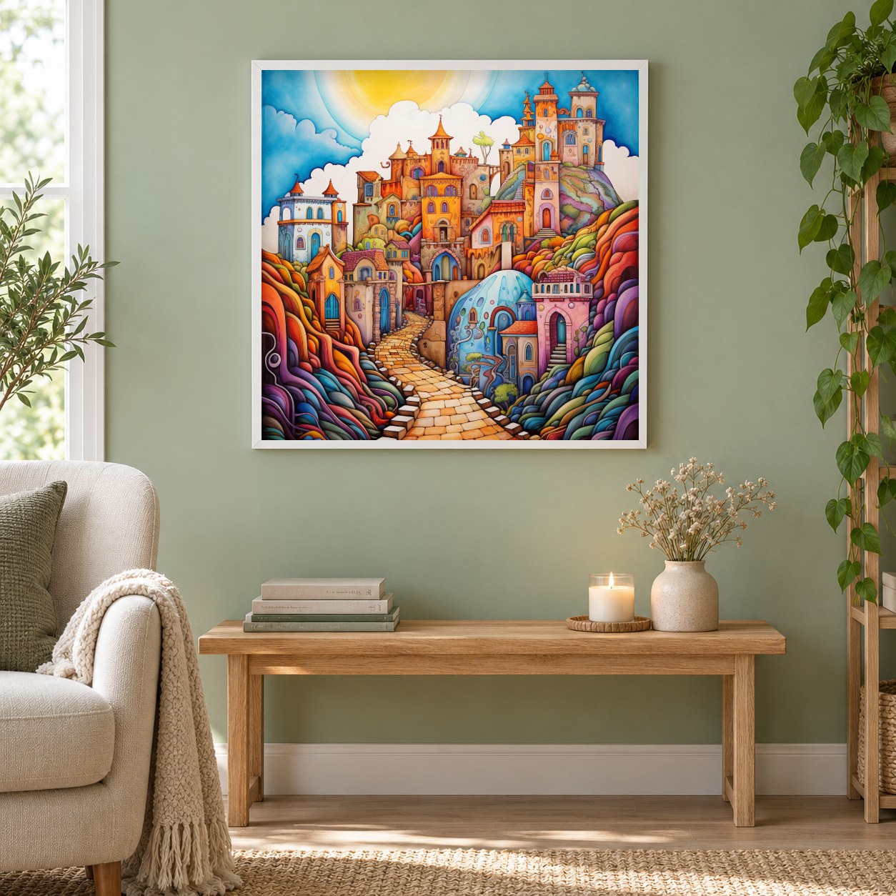 Weg zum Traumort als gerahmtes Diamond Painting im Wohnzimmer