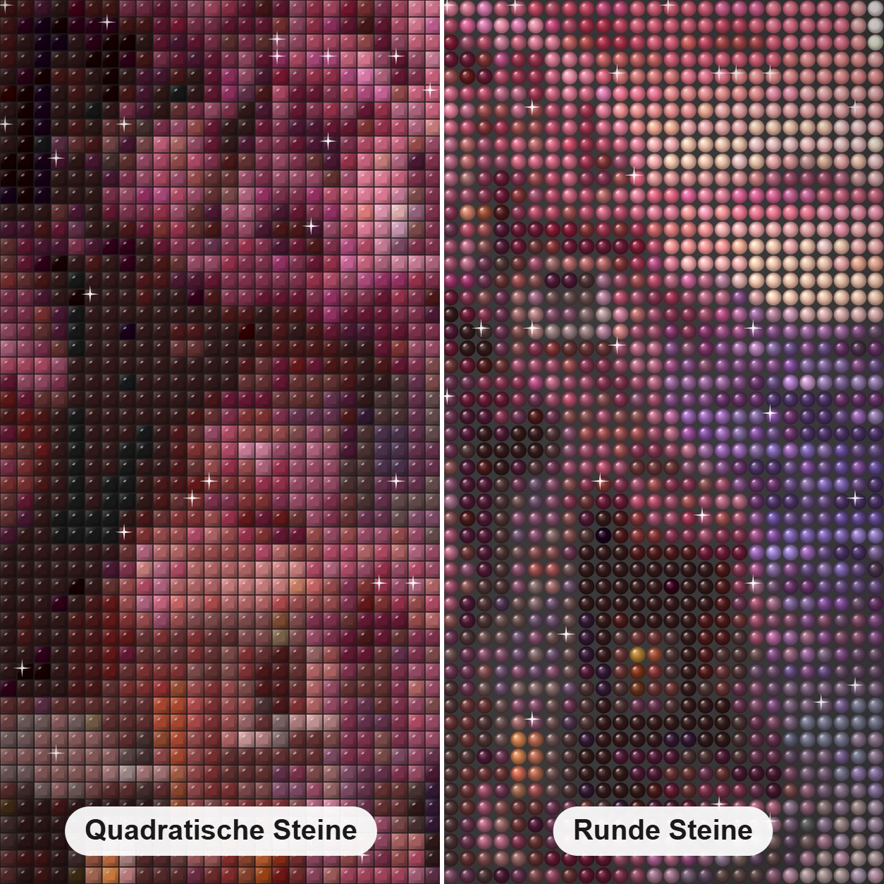 Ruhige Nachtansicht Diamond Painting Nahaufnahme mit quadratischen und runden Steinen