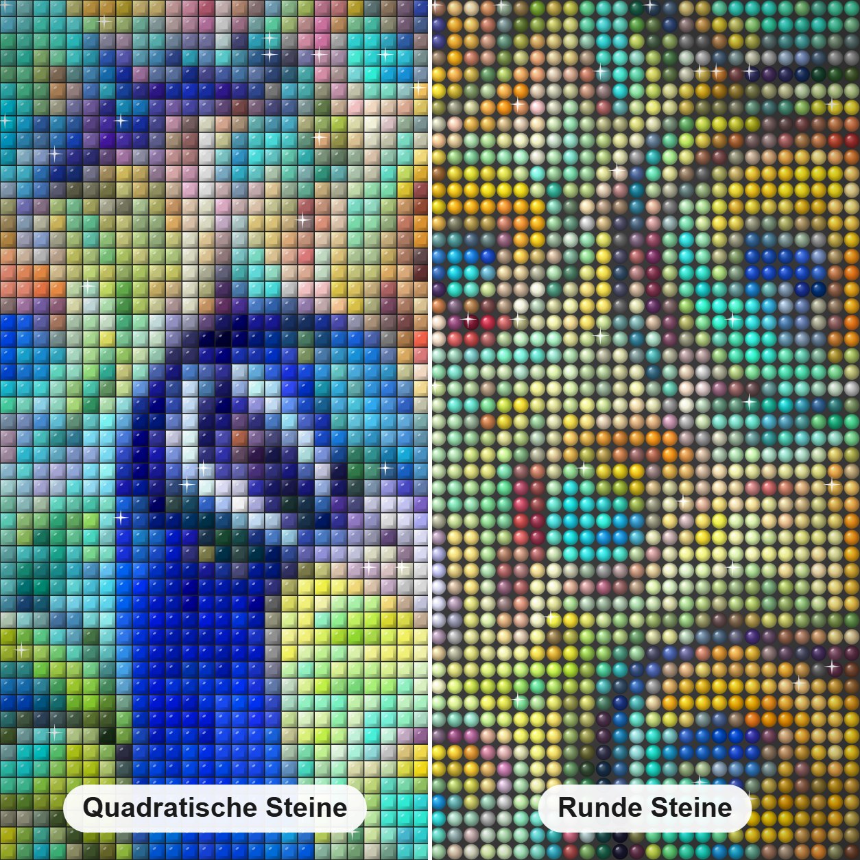 Pfau - Kunst des Sandra Trubin Diamond Painting Nahaufnahme mit quadratischen und runden Steinen
